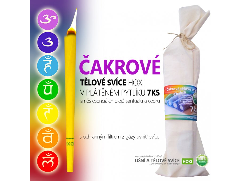 Čakrové telové sviečky — plátené vrecko 7 ks