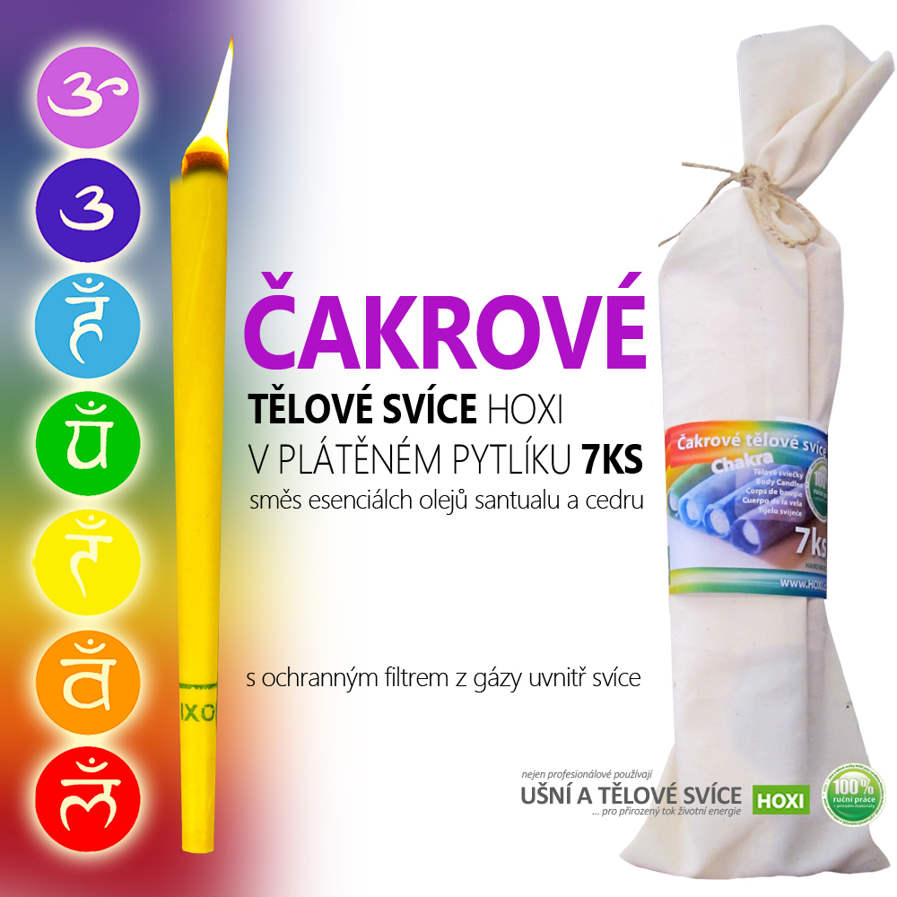 Čakrové tělové svíce HOXI® – 7 ks v plátěném pytlíku